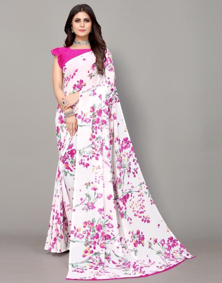 White Floral Printed Georgette Saree