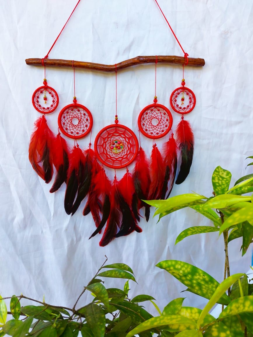 feather with crochet Red Colure five Circle  dreamcatcher