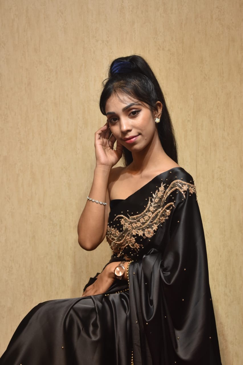 Black Colour Shoulder Work With Pearls Saree