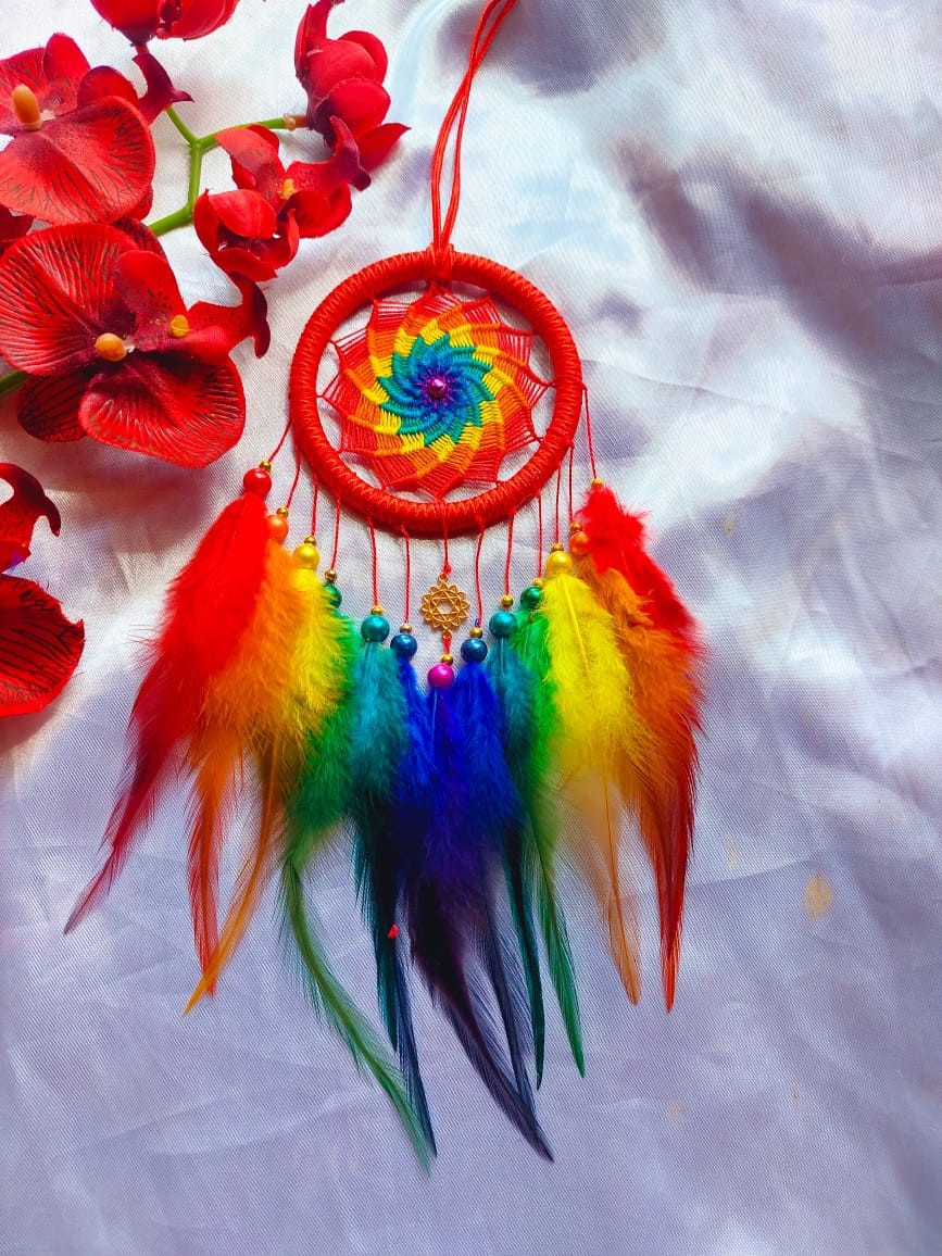 feather with crochet Multi Colure One Circle  dreamcatcher