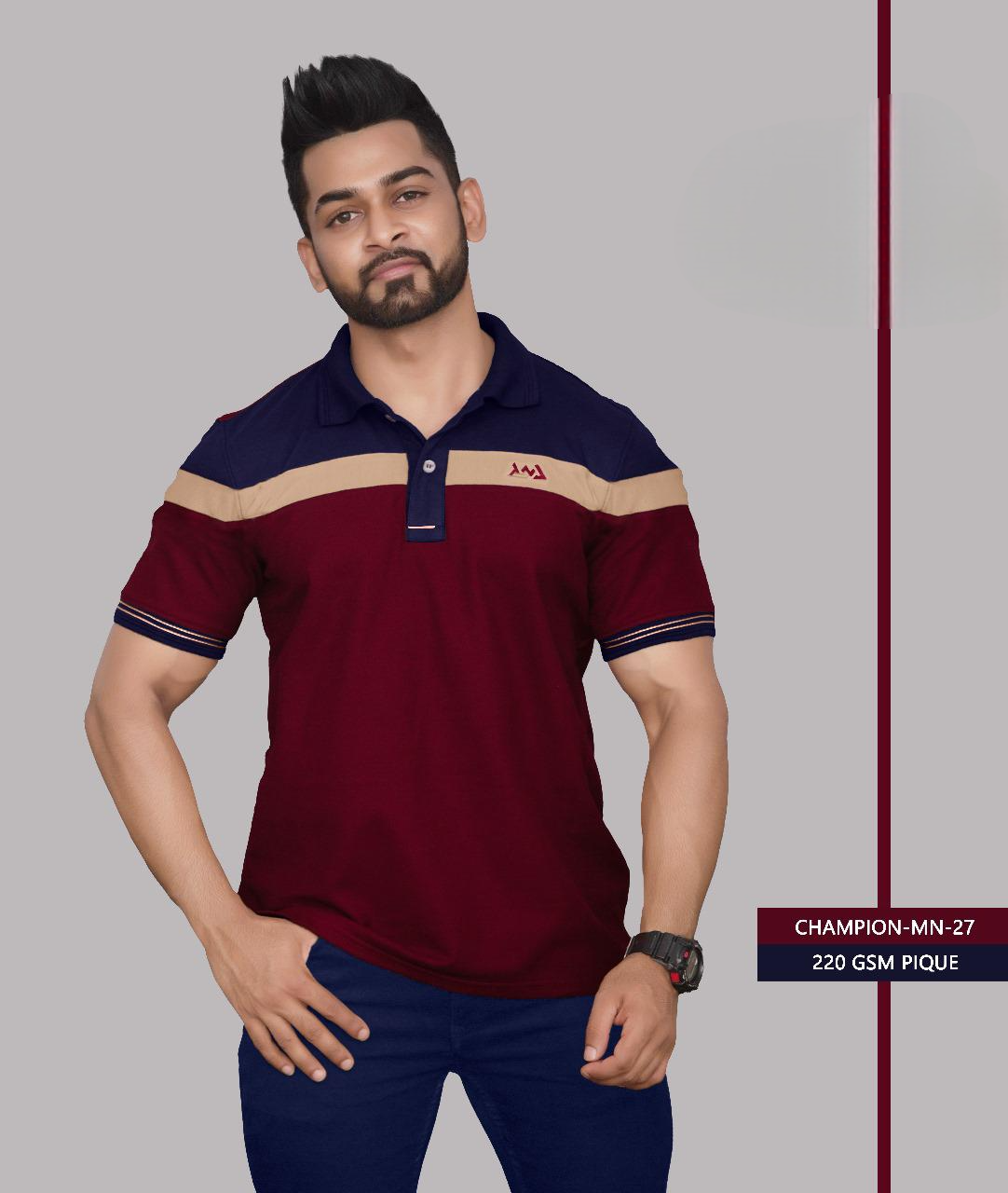 Maroon, Dark Blue And Brown Mix pique 220GSM 3Tone Gents T Shirts