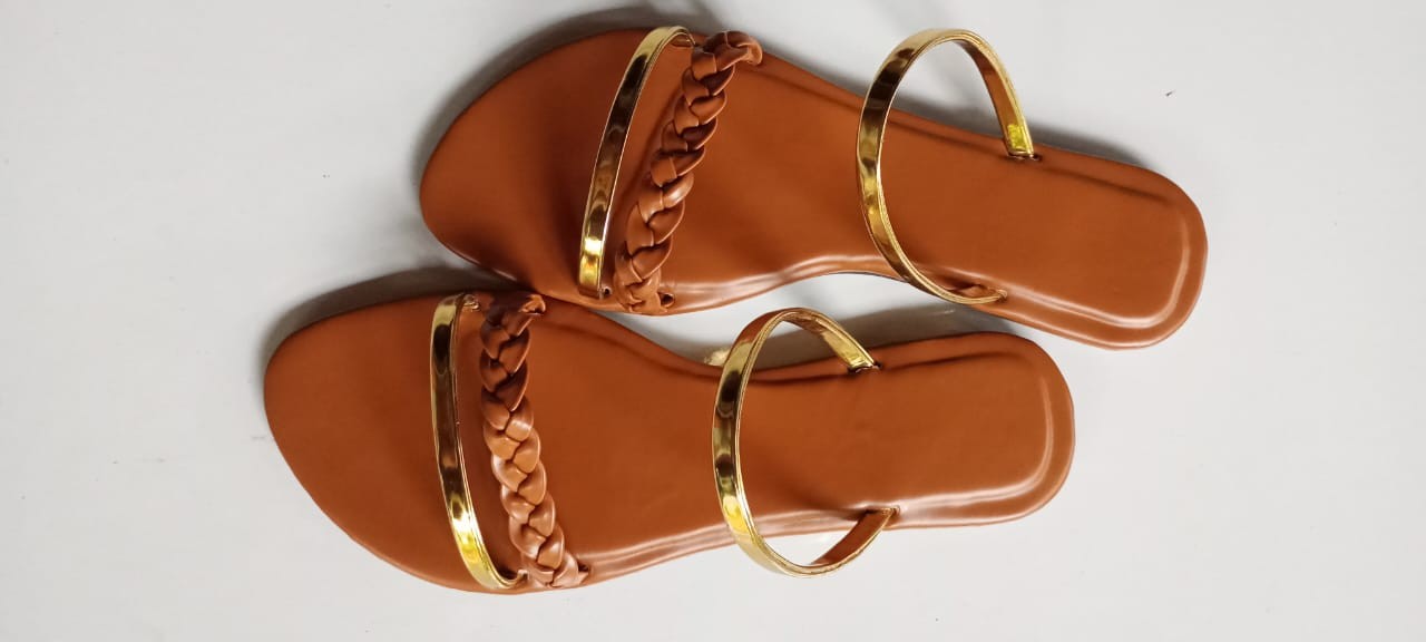 Brown And Gold Color Flat Slippers