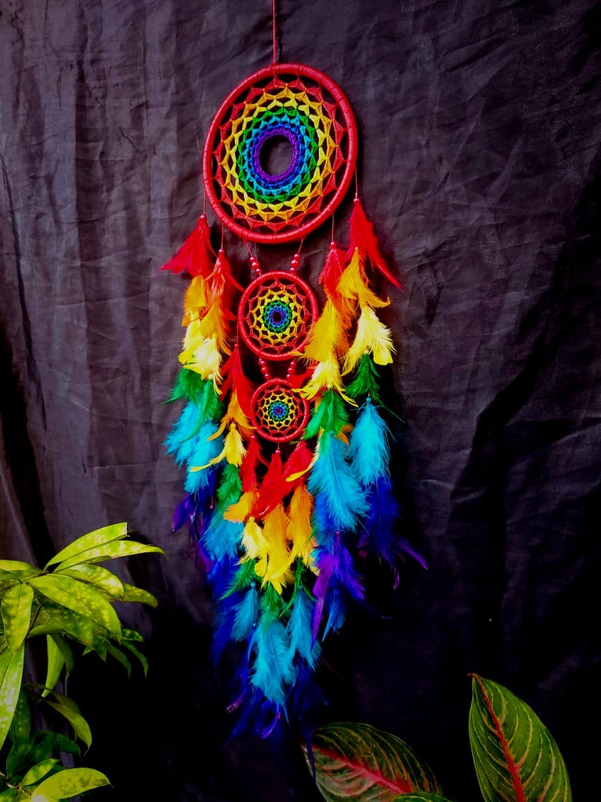 feather with crochet Multi Colure Three Circle  dreamcatcher