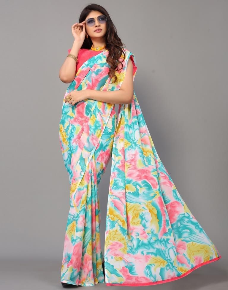 White Floral Printed Georgette Saree