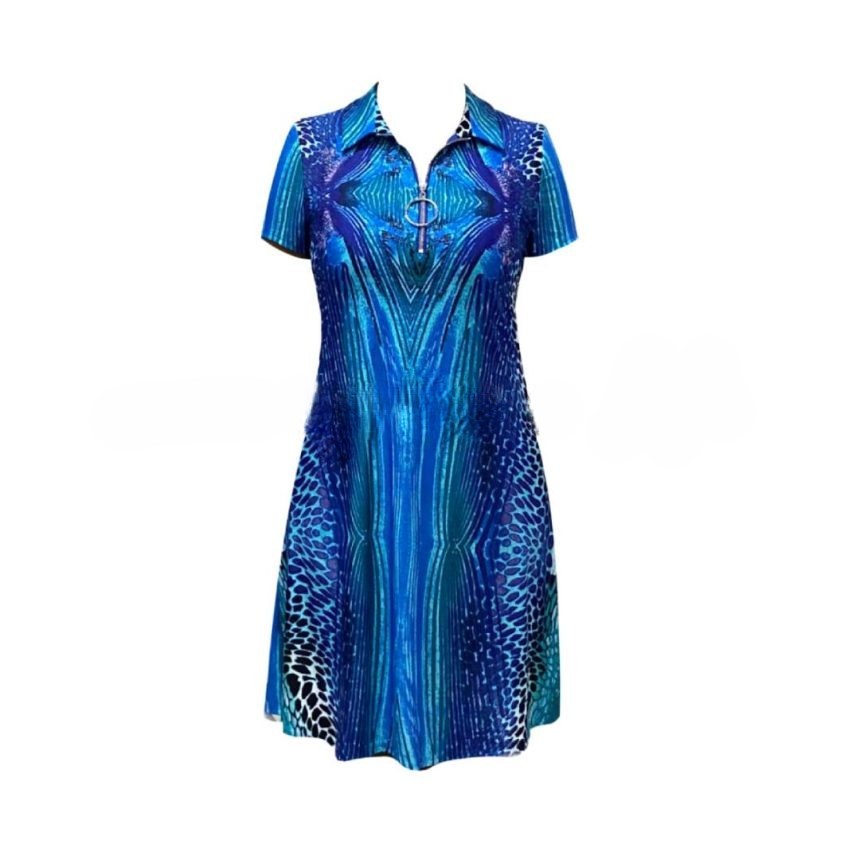 Half Zip-up Short Sleeves Dress – Peacock Blue