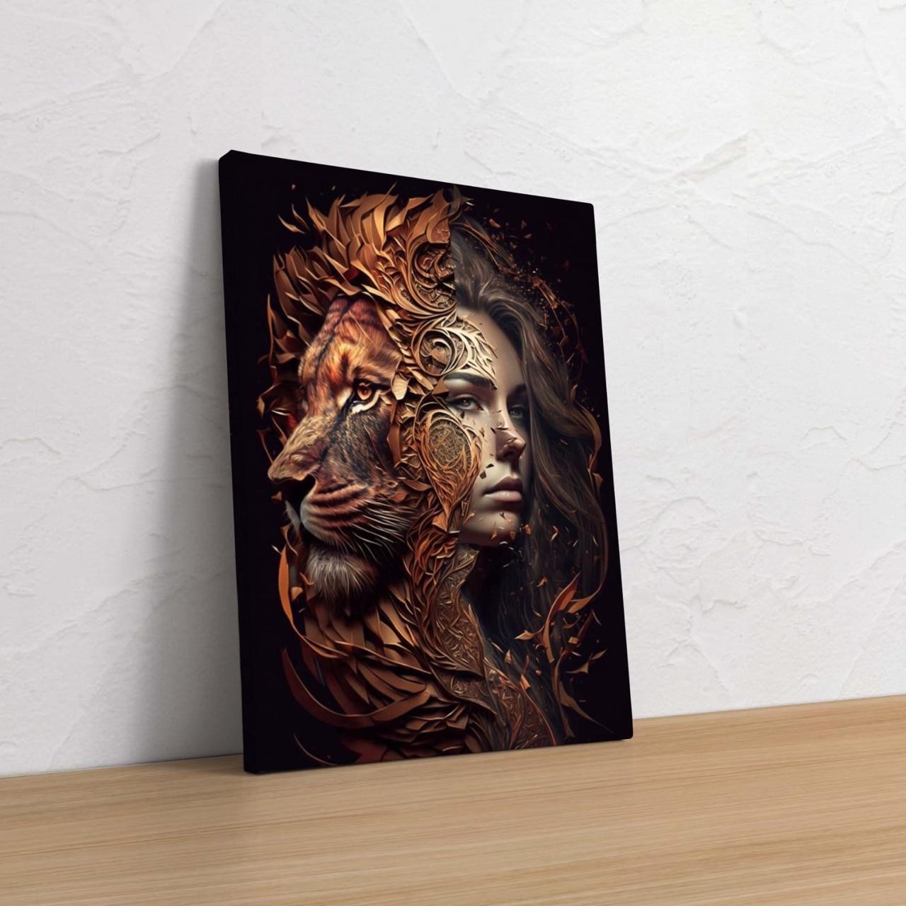 Printed On High Quality Fabric Lion With Lady Wall Art