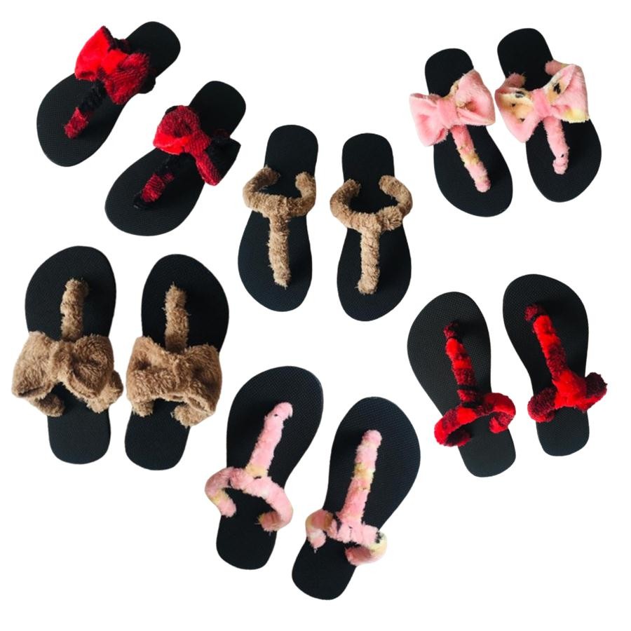 Rubber Slipper for Girls with Nice Designs made from Velboa Fur Fabric