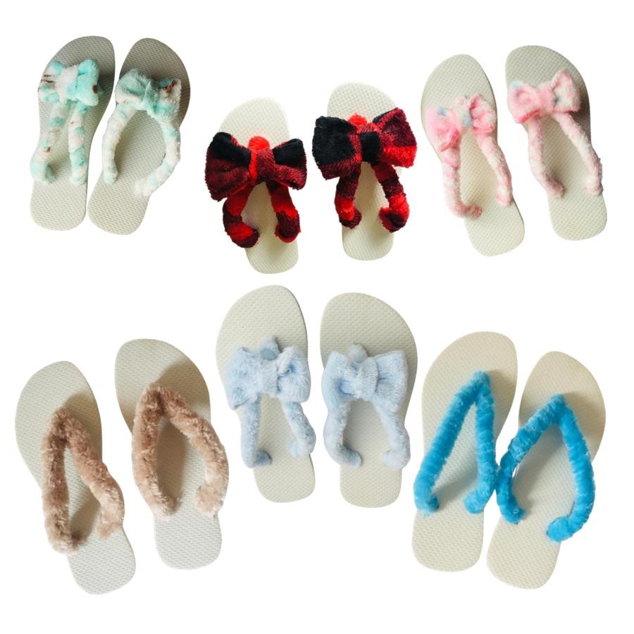 White Rubber Slipper for Girls with Nice Designs made from Velboa Fur Fabric