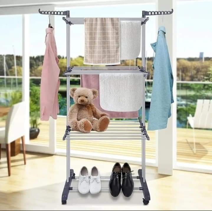 Three-layer Double Pole Adjustable Clothing Garment Clothes Aired Horse Stainless Laundry Rack Hanging Drying Folding Hanger