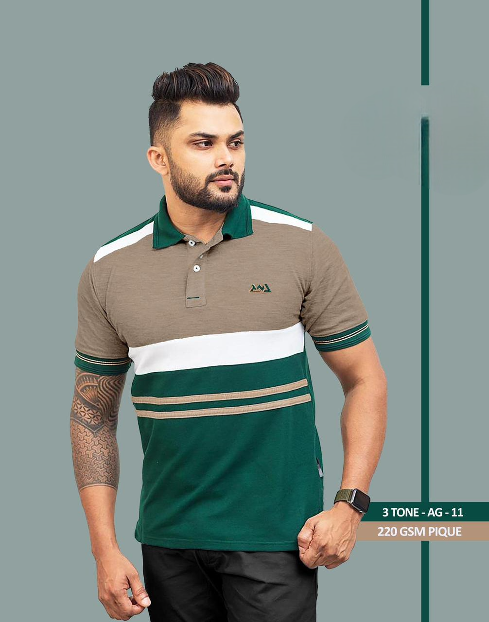 Green , White And Brown Mix pique 220GSM 3Tone Gents T Shirts