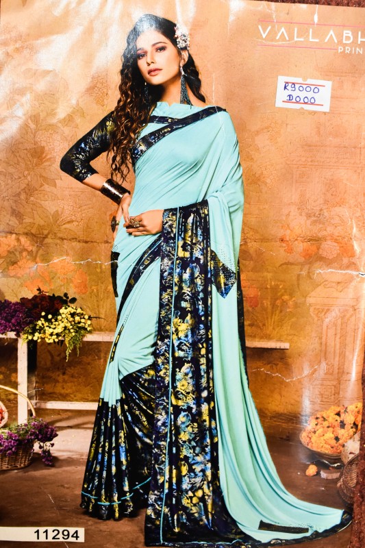 Girl's lightweight Saree For Wedding Occasion ( Light Green With Black Work)