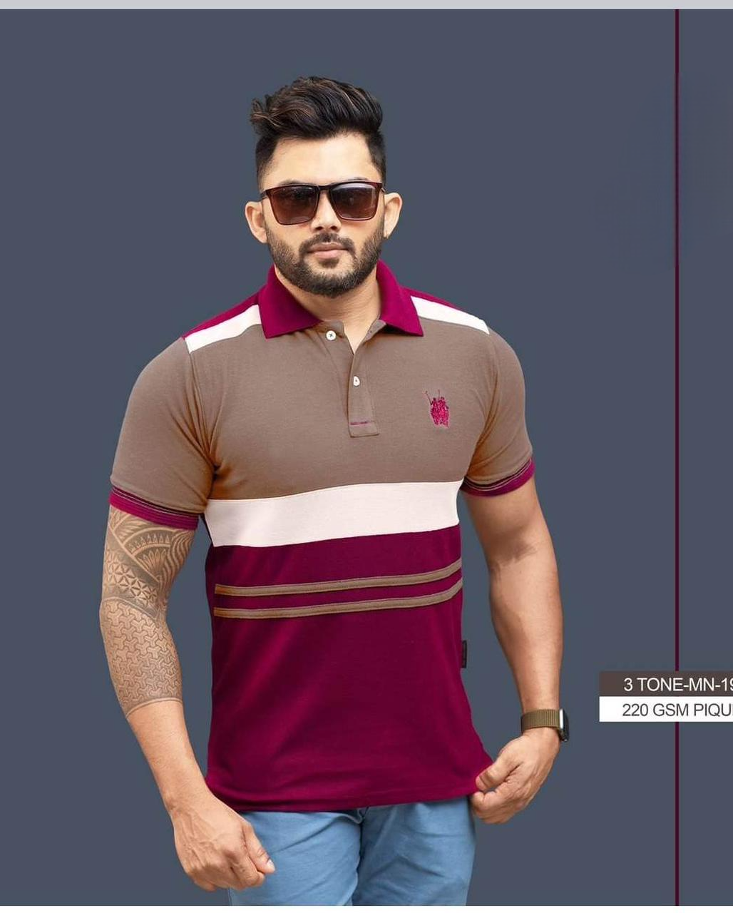 Maroon, Brown , White pique 220GSM 3Tone Gents T Shirts