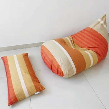 Autumn orange, cream bean bag in handloom cotton with foot rest