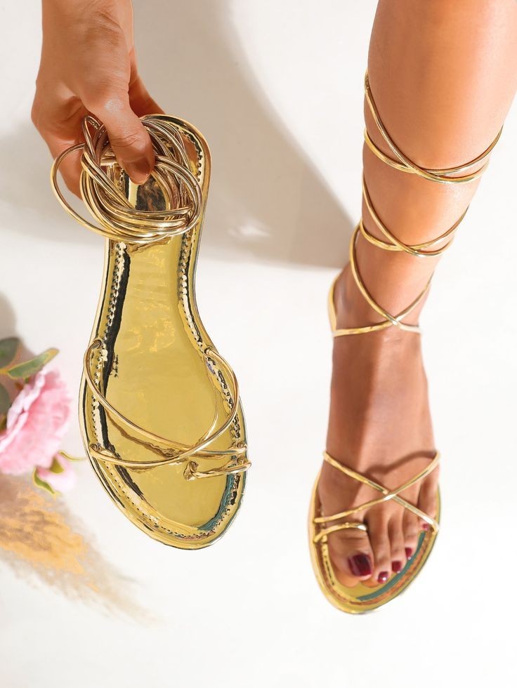 Gold Colure Strappy Flat Slippers