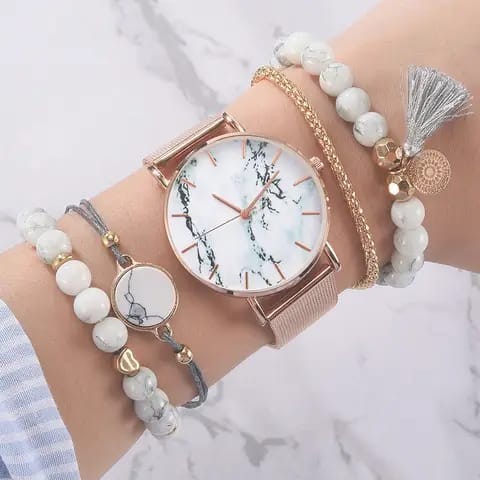 5pcs Set Women Fashion Casual Leather Belt Watches Simple Ladies Starry Sky Round Dial Quartz Wristwatches Dress Clock