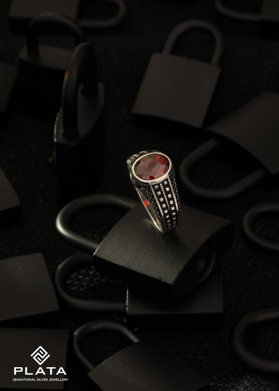 Red Stone Studded Silver Ring