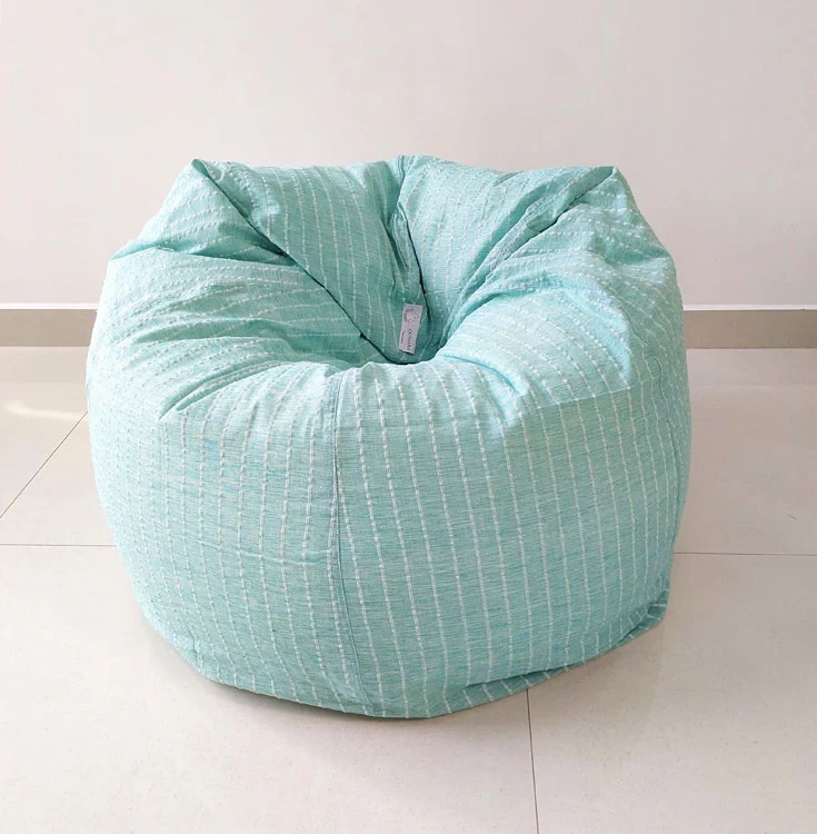 Aqua round compact bean bag chair in handloom cotton