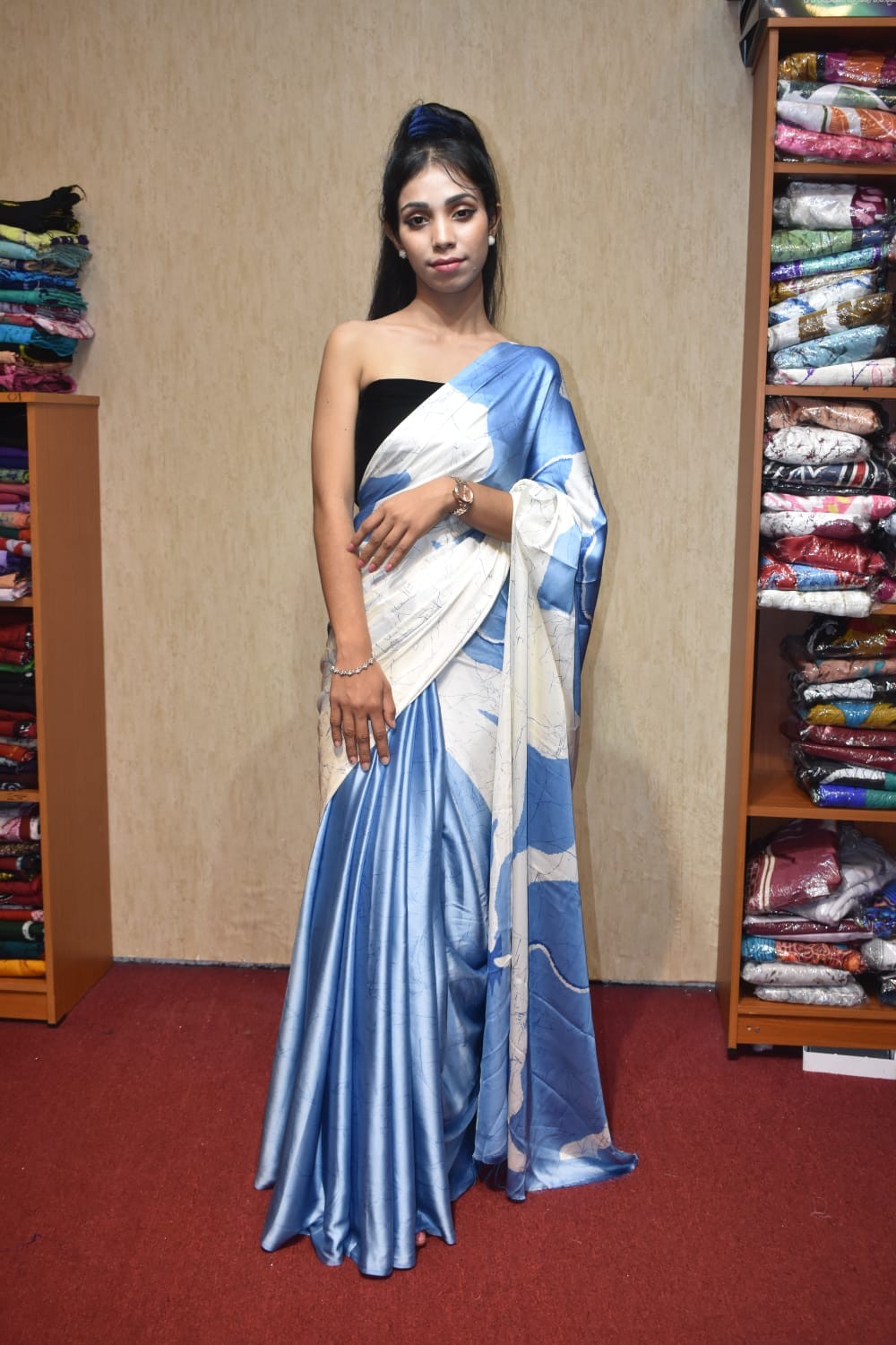 White With Blue Colour Setting Silk Printed Saree