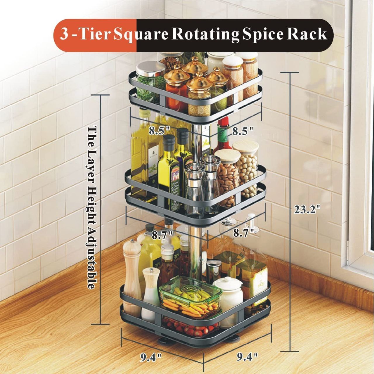 3 Tier Rotating Square Shape Kitchen Storage Rack