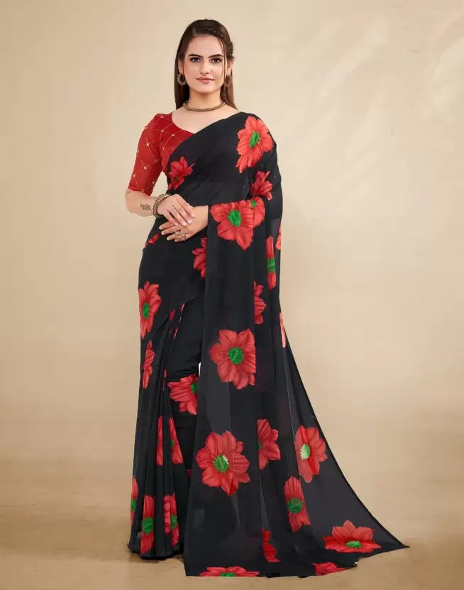 Black Printed Georgette Saree