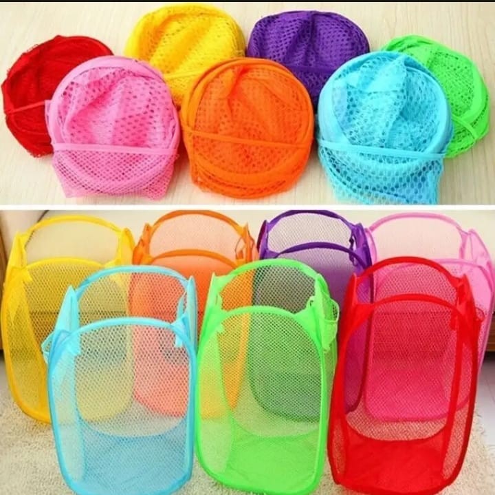 Foldable Hollow Net Mesh Clothes Laundry Basket Storage Bag Hamper Pouch (Random Color)