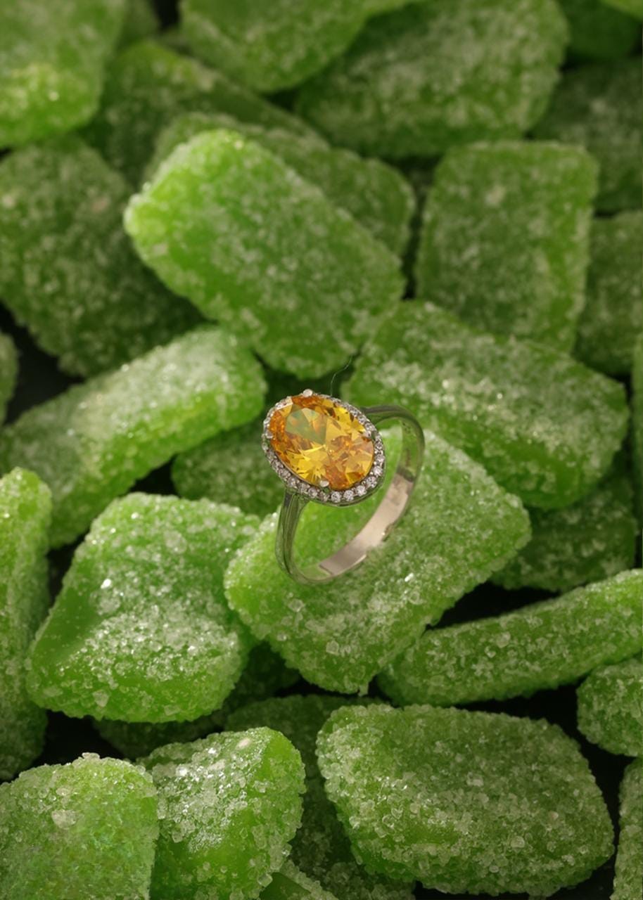 Orangish Yellow Stone Studded Silver Ring