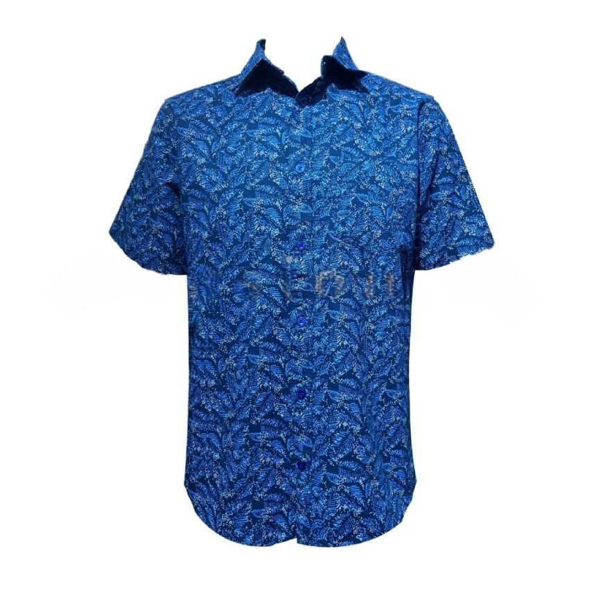 Leaf Sketch Printed Short Sleeve Shirt – Blue