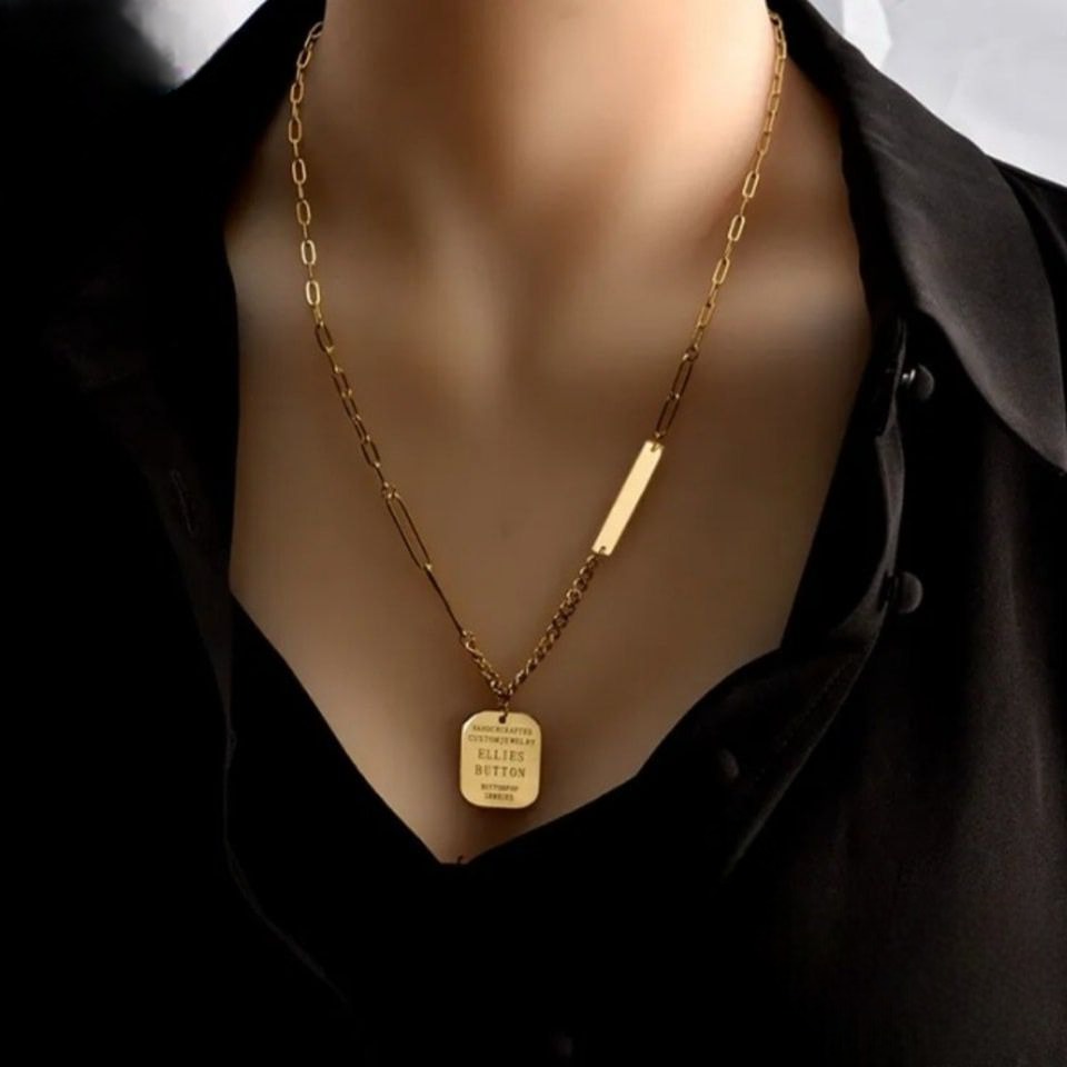 Square shape pendant with gold plated flat link chain and white stones