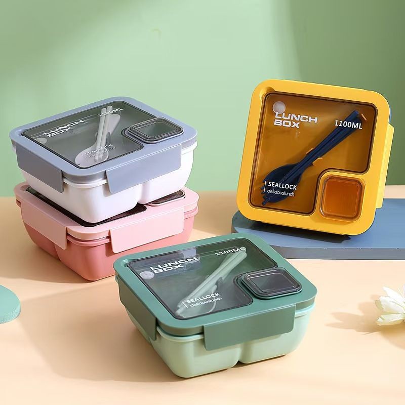 Plastic Lunch Box, Two Compartments, Spoon & Fork, 1000ml/1100ml, Bpa Free, Leak Proof, Microwaveable Student, Adult Lunch Box