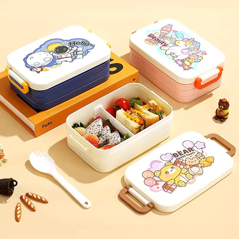 Bento Lunch Box for Kids Girls Cartoon Students Kawaii Cute Pony Heated 3 Grid Sandwich Snack Food Box Special Canteen