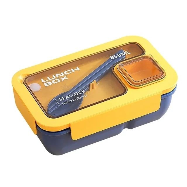 Plastic Lunch Box, Two Compartments, Spoon & Fork, 850ml, Bpa Free, Leak Proof, Microwaveable Student, Adult Lunch Box